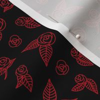 Little roses and rose petals - romantic ditsy garden boho floral design red on black