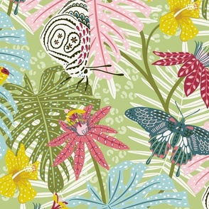 tropical butterfly and luna moth / colorful floral with butterflies and moths 