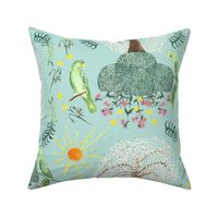 Paradise in Bloom: Serene White Cherry Blossoms and Green Parrots - Blue