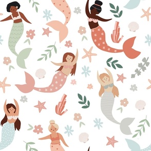 Jumbo Scale // Pretty Pastel Mermaids with Flowers, Botanicals, Seashells and Coral on White