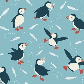 Fun Black and White Puffins & Fish on Light Blue