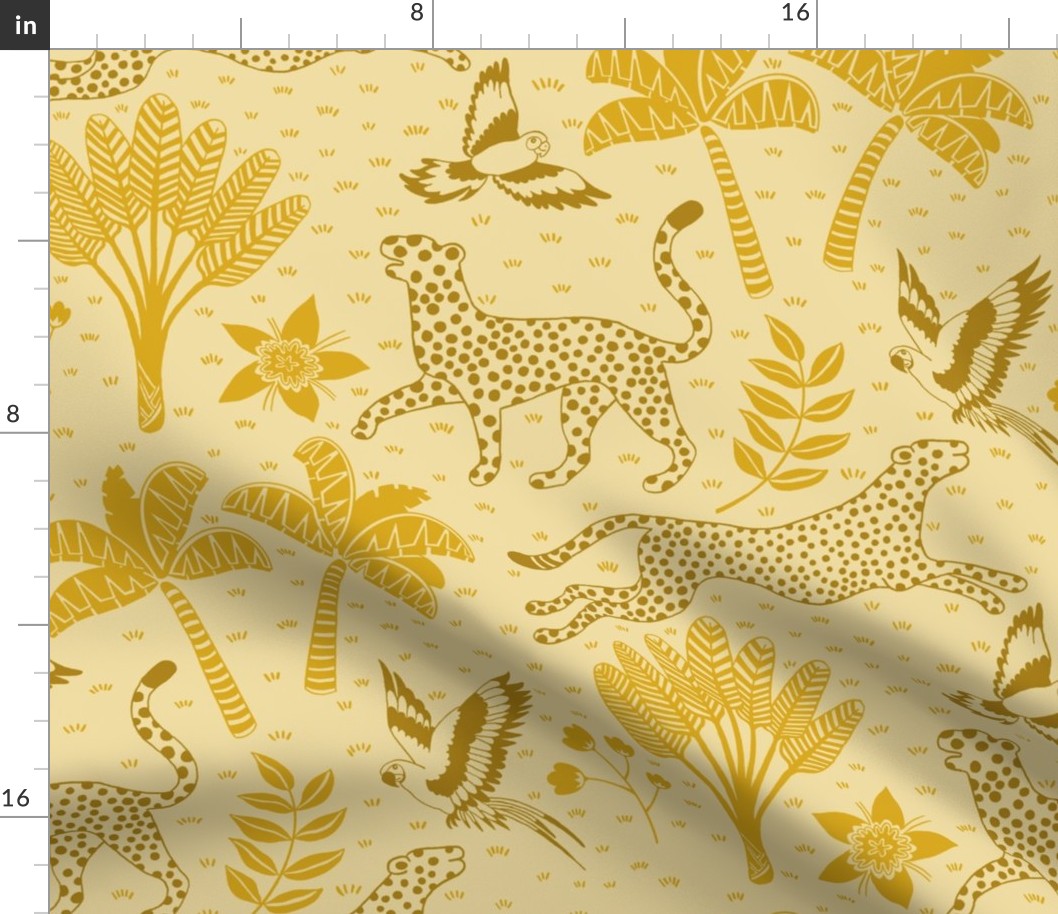 cheetahs and parrots in the jungle |  gold and yellow | large