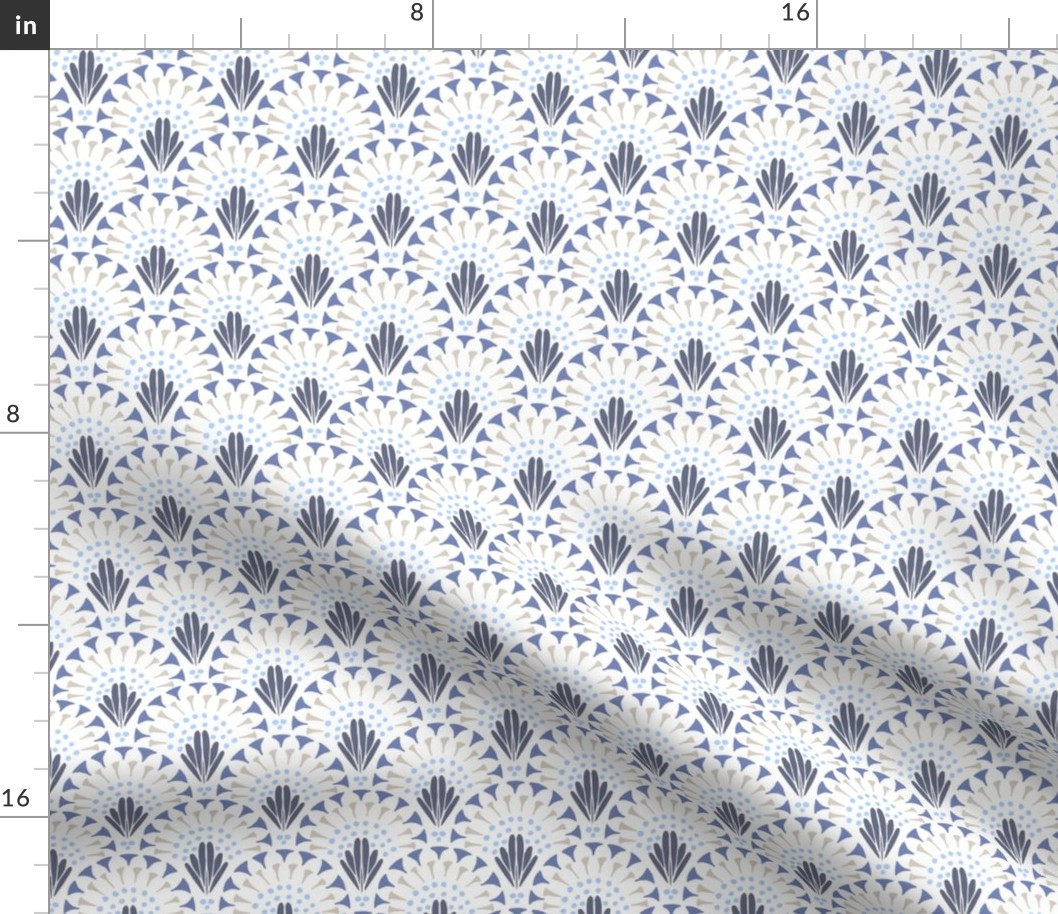 473 - Medium small scale cool blue taupe and cream lacy art deco inspired hand drawn organic geometric clamshells, for wedding table runners, linen and napkins, elegant wallpaper, bedlinen and sophisticated feminine pillows, curtains and duvet covers.