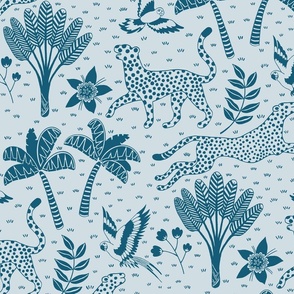 cheetahs and parrots in the jungle | lapislazuli blue | large