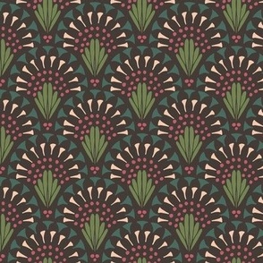 473 -Medium small scale forest and olive greens, charcoals and pink lacy art deco inspired hand drawn organic geometric clamshells, for wedding table runners, linen and napkins, elegant wallpaper, bedlinen and sophisticated feminine pillows, curtains and 