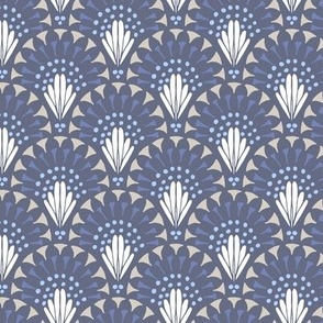 473 -Medium small scale monochrome blue lacy art deco inspired hand drawn organic geometric clamshells, for wedding table runners, linen and napkins, elegant wallpaper, bedlinen and sophisticated feminine pillows, curtains and duvet covers.