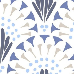 473 -Large scale cool blue taupe and cream lacy art deco inspired hand drawn organic geometric clamshells, for wedding table runners, linen and napkins, elegant wallpaper, bedlinen and sophisticated feminine pillows, curtains and duvet covers.