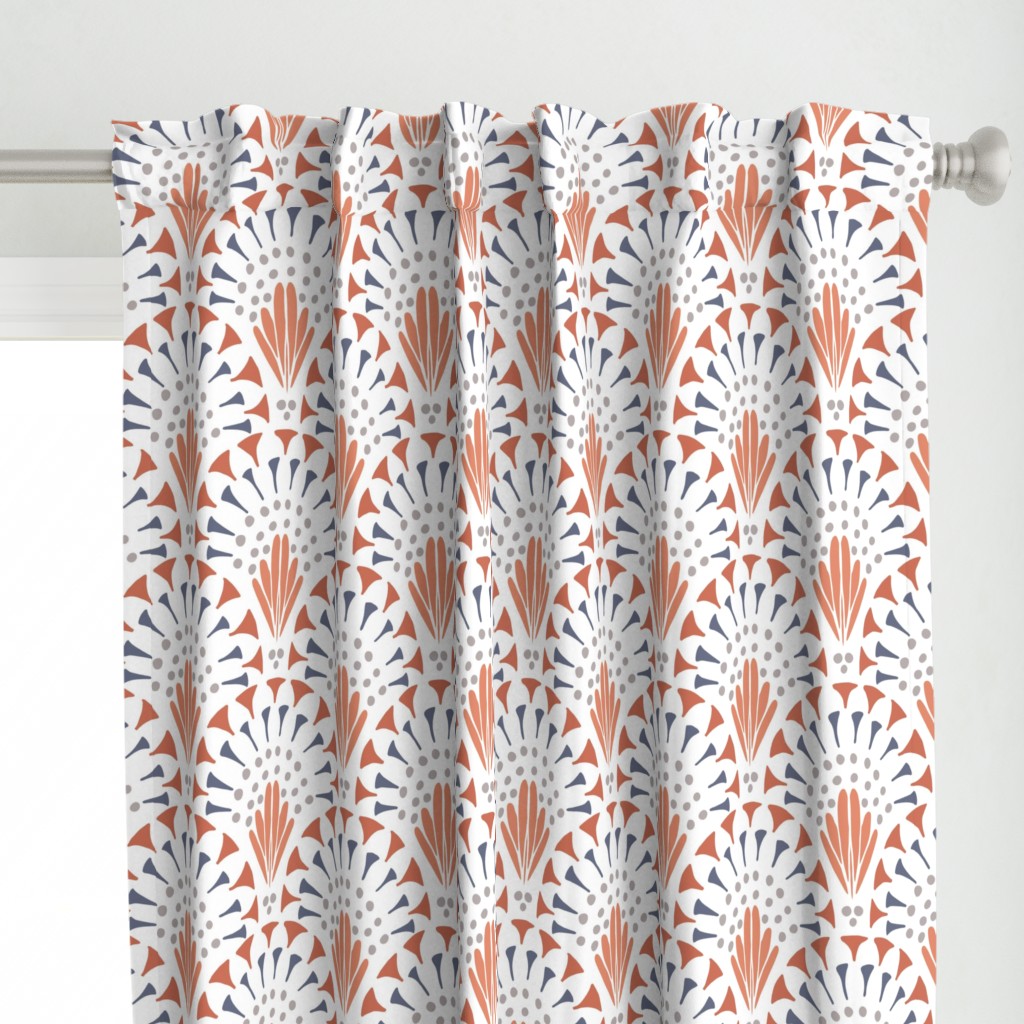473 -Large scale cool blue taupe and burnt sienna orange lacy art deco inspired hand drawn organic geometric clamshells, for wedding table runners, linen and napkins, elegant wallpaper, bedlinen and sophisticated feminine pillows, curtains and duvet cover