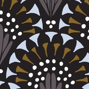 Large scale camo green khaki, darkest grey and ice blue art deco inspired hand drawn organic geometric clamshells, for wedding table runners, linen and napkins, elegant wallpaper, bedlinen and sophisticated feminine pillows, curtains and duvet covers.