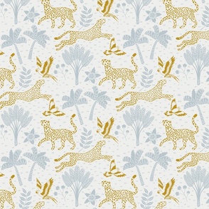 cheetahs and parrots in the jungle | gold and light blue | medium