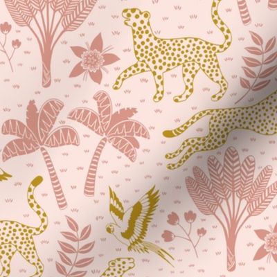 cheetahs and parrots in the jungle | melon and gold | medium