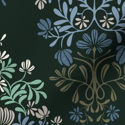 Symmetrical, Stylized Flowers and Leaves on a dark background