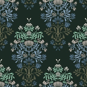 Symmetrical, Stylized Flowers and Leaves on a dark background