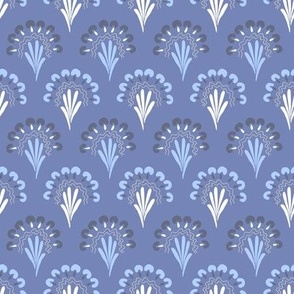 474 - Medium small scale in monochromatic blue clamshells featuring a loose hand drawn bouquet of fantastical mushroom fungi, organic squiggles and leaves - for dresses and tops, napkins and table runners and cute fall projects