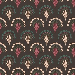 474 - Medium small scale in mauve pink, forest green, charcoal grey and cream clamshells featuring a loose hand drawn bouquet of fantastical mushroom fungi, organic squiggles and leaves - for dresses and tops, napkins and table runners and cute fall proje