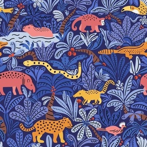 The wonderful jungle I lived in - blue and yellow - tropical exotic animals of Iguazu forest - small scale