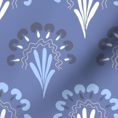 474 - Jumbo large scale Fancy blue monochromatic clamshells featuring a loose hand drawn bouquet of fantastical mushroom fungi, organic squiggles and leaves - for wallpaper, duvet covers, table linen and cute apparel