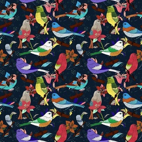 Night maximalistic pattern of colorful birds