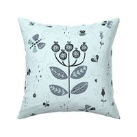 Enchanted garden of flowers and bees and butterflies gray blue