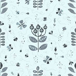 Enchanted garden of flowers and bees and butterflies gray blue