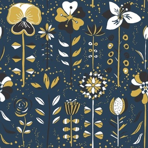 Pattern of Yellow Scandinavian Flowers with Navy Background