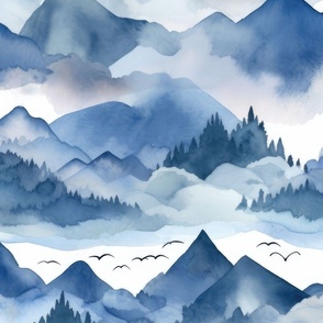 Blue Mountains Watercolor Magical Scenery Pattern for Adventure Lovers