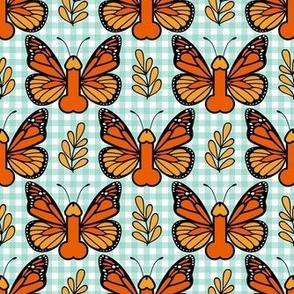 Smaller Scale Sassy Monarch Butterflies Mint Gingham