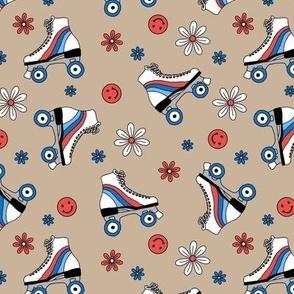 Retro roller skates disco design - flower power vintage flowers and smileys 4th of july usa american colors on beige tan