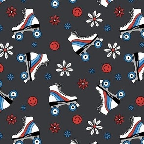 Retro roller skates disco design - flower power vintage flowers and smileys 4th of july usa american colors on charcoal gray