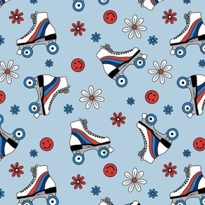 Retro roller skates disco design - flower power vintage flowers and smileys 4th of july usa american colors on baby blue