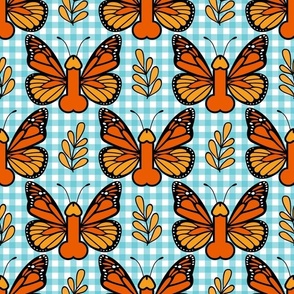 Bigger Scale Sassy Monarch Butterflies Blue Gingham