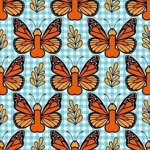 Smaller Scale Sassy Monarch Butterflies Mint Gingham
