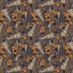 (S) orange and brown flowers and cobweb, yellow fern and black leaves on dark brown 