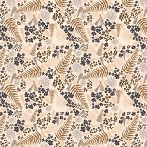 (S) brown and taupe flowers and cobweb, copper fern and light apricot leaves on beige