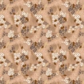 (S) taupe and white flowers and cobweb, beige fern and brown leaves on tan