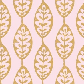 Block Print Whimsical Leaves In Stripe Formation - Textured Mustard Yellow On Light Pink