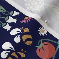 M Back yard maximalist botanical  pattern with dandelions, hedgehog, bees, clover, tomatoes, ants, blueberries, snails on navy background , medium  scale by art for joy lesja saramakova gajdosikova design