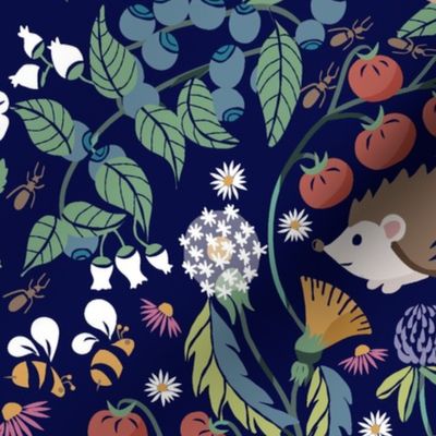 M Back yard maximalist botanical  pattern with dandelions, hedgehog, bees, clover, tomatoes, ants, blueberries, snails on navy background , medium  scale by art for joy lesja saramakova gajdosikova design