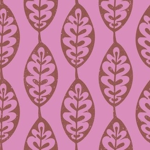 Block Print Whimsical Leaves In Stripe Formation - Textured Maroon Brown On Lilac