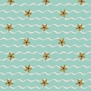 Golden Sea Stars on Sea Waves Coastal Pattern