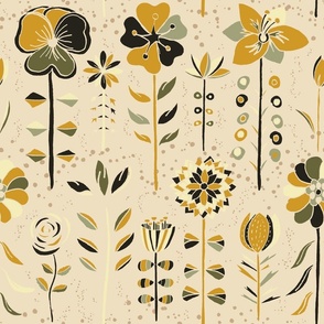 Pattern of Yellow and Olive Green Scandinavian Flowers with Pearl Background