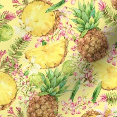 Vintage watercolor tropical pineapple fruit on yellow
