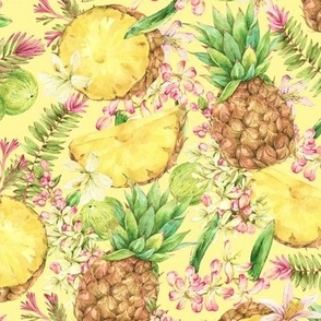 Vintage watercolor tropical pineapple fruit on yellow