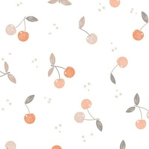 Medium | Warm orange peach and coral pink cherries on white