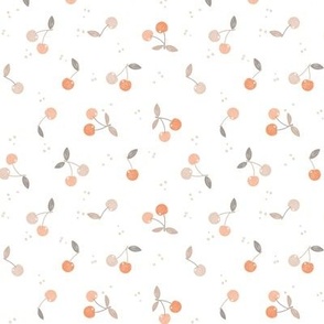 Smal| Hand drawn pastel coral pink and peach orange cherries on white