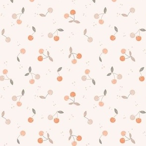 Smal| Hand drawn sweet coral pink and peach orange cherries on light peach