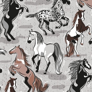 Large jumbo scale // Horses in the wind // grey and taupe brown beautiful line contour creatures toile look