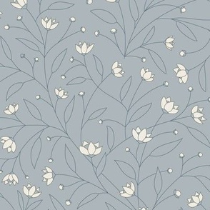 Outlined Floral | Creamy White, French Grey, Blue Marble | Blue Flowers and Leaves