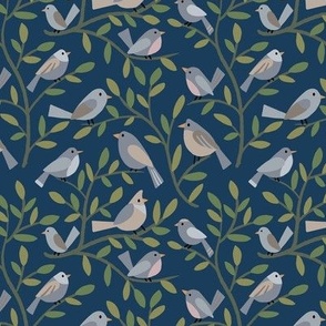 Birds on Branches - simple gray and brown birds on leafy branches - navy blue background - shw1035 b - small scale