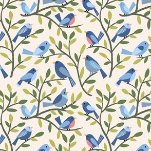 Birds on Branches - simple blue birds on leafy branches - cream background - shw1035 a - small scale